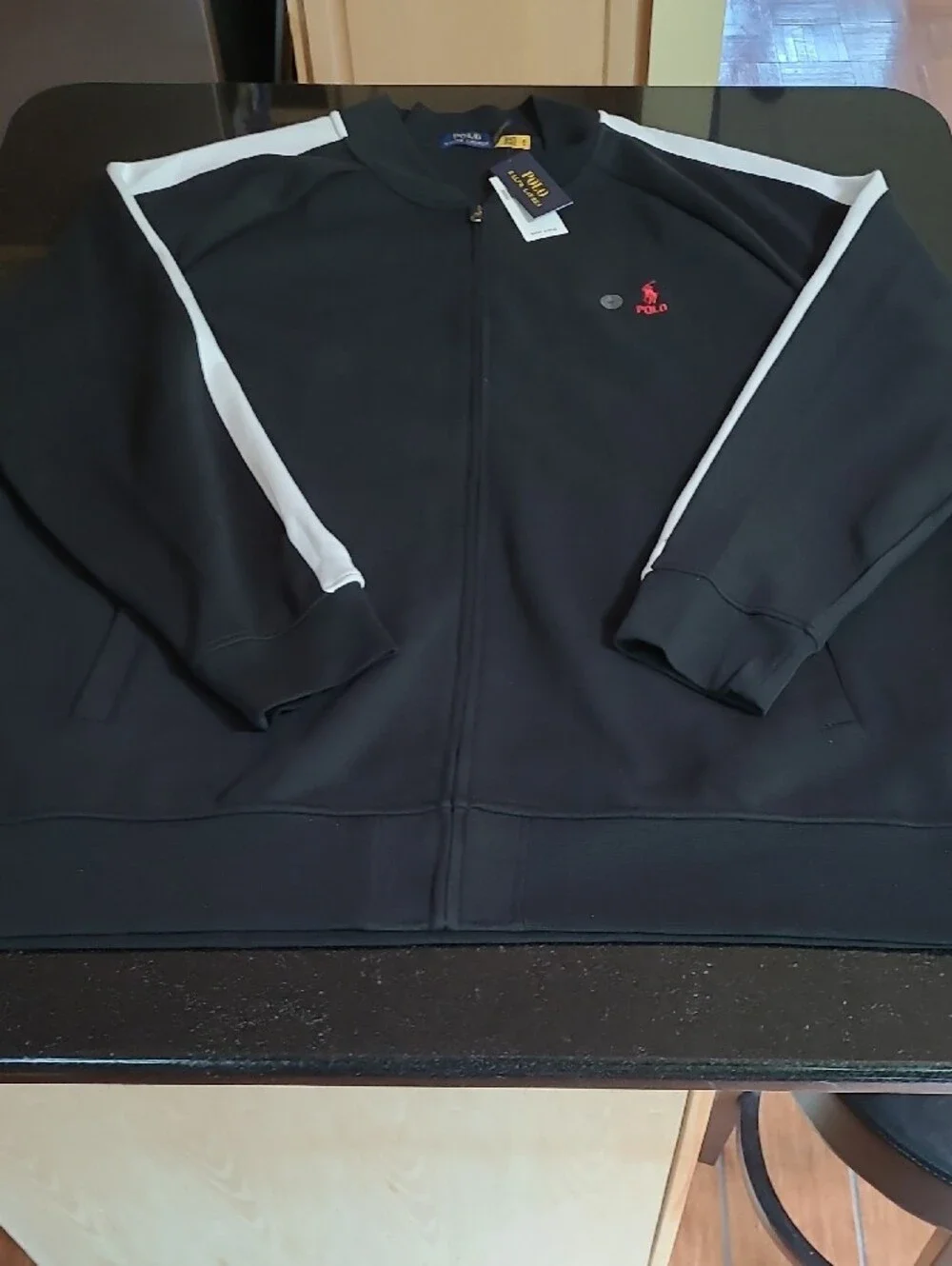 Polo by Ralph Lauren Black Track Jacket with White Sleeve Stripes and Red Logo